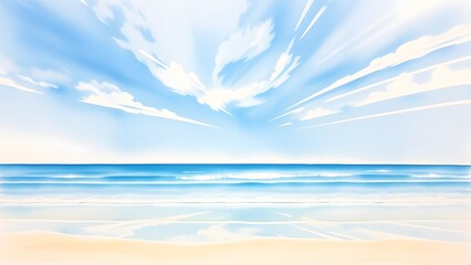Dreamy Coastal Scene with Delicate Clouds and Gentle Waves - Watercolor Painting