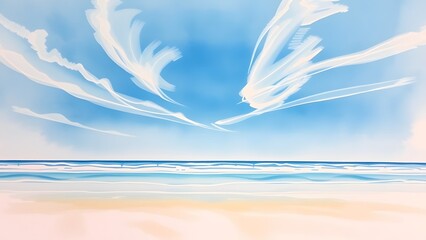 Dreamy Coastal Scene with Delicate Clouds and Gentle Waves - Watercolor Painting