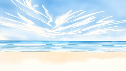 Dreamy Coastal Scene with Delicate Clouds and Gentle Waves - Watercolor Painting