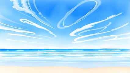 Dreamy Coastal Scene with Delicate Clouds and Gentle Waves - Watercolor Painting