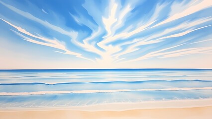 Dreamy Coastal Scene with Delicate Clouds and Gentle Waves - Watercolor Painting