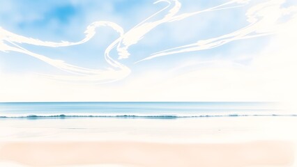 Dreamy Coastal Scene with Delicate Clouds and Gentle Waves - Watercolor Painting