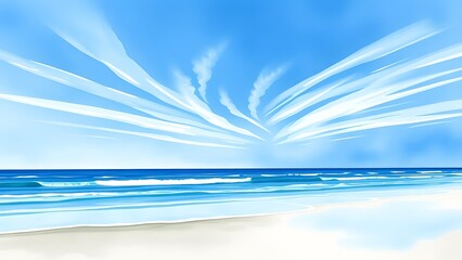 Dreamy Coastal Scene with Delicate Clouds and Gentle Waves - Watercolor Painting
