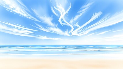 Dreamy Coastal Scene with Delicate Clouds and Gentle Waves - Watercolor Painting