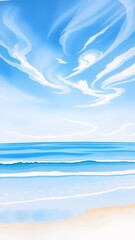 Dreamy Coastal Scene with Delicate Clouds and Gentle Waves - Watercolor Painting