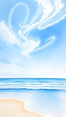 Dreamy Coastal Scene with Delicate Clouds and Gentle Waves - Watercolor Painting