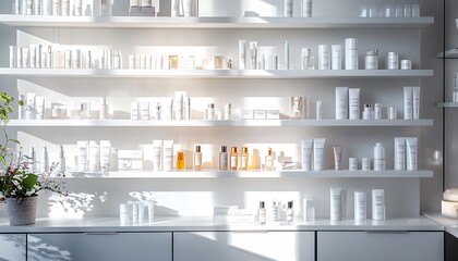 Modern Cosmetics Shop with Sleek White Shelves and Natural Light