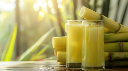 Two glasses of fresh sugarcane juice with sugarcane stalks on a wooden surface.