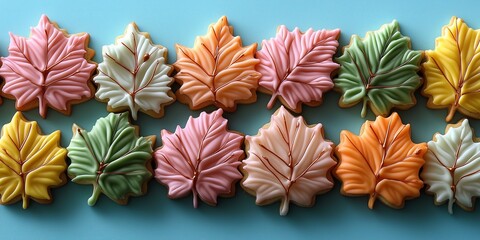 Obraz premium Autumn maple leaf cookies, decorated with white icing and colored in shades of pink, yellow, green, orange, and red, arranged on a pastel blue background