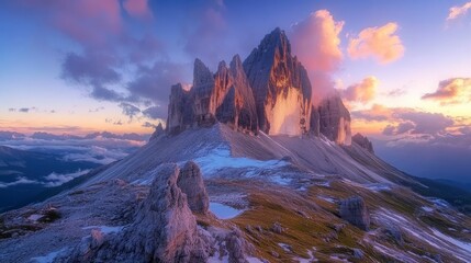 A mighty rocky massif Tre Cime di Lavaredo. Location place Italian Alps, Sexten Dolomiti, South Tyrol, Europe. Photo wallpaper. Popular tourist attraction. Discover the beauty of earth , ai