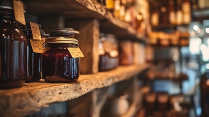 Gourmet Food Shop Close-Up with Rustic Wooden Shelf and Artisan Jam