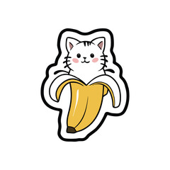  Illustration of a cute cat on a banana sticker, animal food icon.