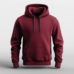 Burgundy hoodie with drawstring and kangaroo pocket, isolated on white background.