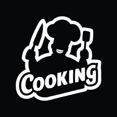 Vector illustration of hand-drawn lettering text cooking on a fork and knife logo, sticker for a restaurant.