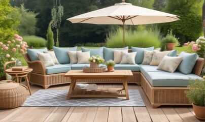 Obraz premium Garden lounge, outdoor furniture and countryside house patio decor with sofa and table, country cottage style landscape design,