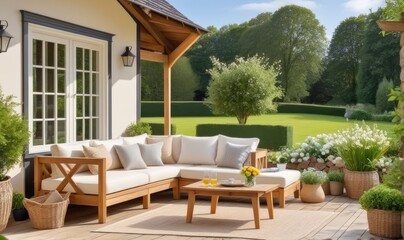 Obraz premium Garden lounge, outdoor furniture and countryside house patio decor with sofa and table, country cottage style landscape design,