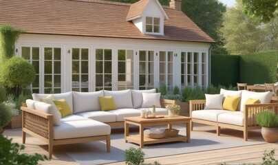 Garden lounge, outdoor furniture and countryside house patio decor with sofa and table, country cottage style landscape design,