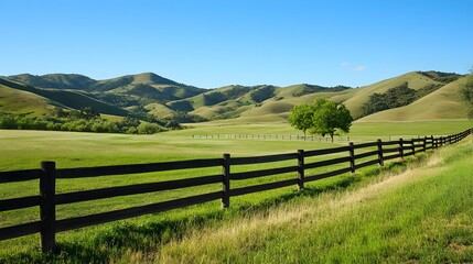 A serene ranch landscape featuring rolling hills, a rustic wooden fence, and a clear blue sky