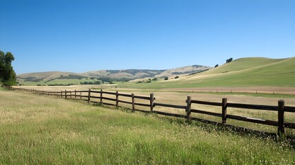 Obraz premium A serene ranch landscape featuring rolling hills, a rustic wooden fence, and a clear blue sky
