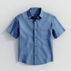 Blue short-sleeved shirt with button-up closure and a pocket on the left side.