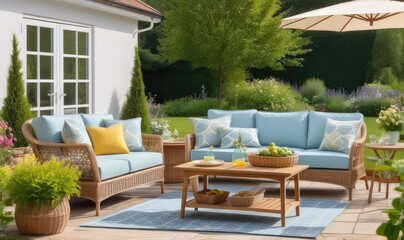 Garden lounge, outdoor furniture and countryside house patio decor with sofa and table, country cottage style landscape design,