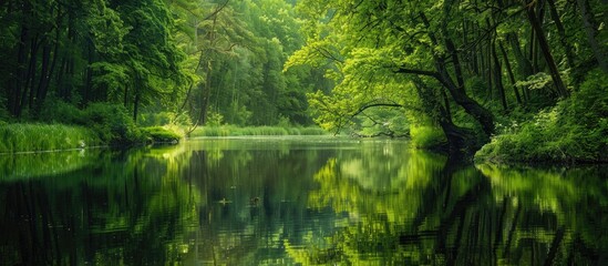Fototapeta premium Bank Of River With Thick Forest Reflected In Water