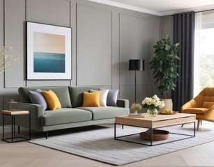 Modern living room interior with stylish comfortable sofa