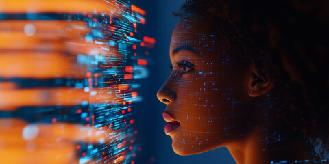 Beautiful female IT specialist analyzing a digital security threat made of future holographic data information, data in the foreground and technology artificial intelligence background concept