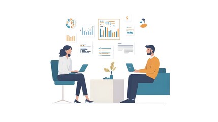 A focused revenue agent discussing strategies with a client, surrounded by charts and graphs on a light solid color background