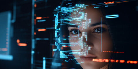 Beautiful female IT specialist analyzing a digital security threat made of future holographic data information, data in the foreground and technology artificial intelligence background concept