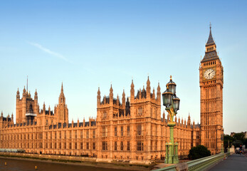 Houses of Parliament, Big Ben & Westminster Bridge Lamp early morning from the Westminster Bridge,...