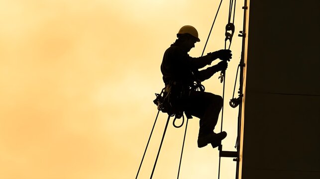 A rigger working meticulously on a construction site, showcasing various tools and equipment on a light solid color background