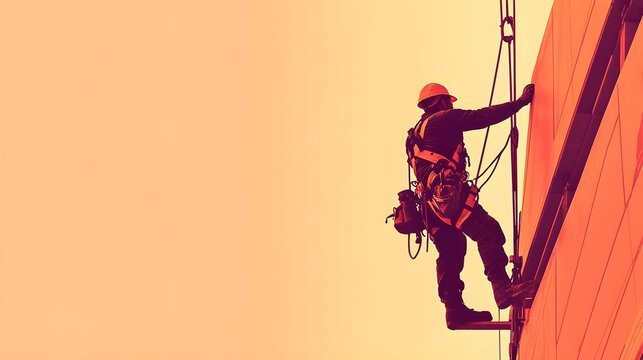 A rigger working meticulously on a construction site, showcasing various tools and equipment on a light solid color background