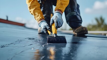 A skilled roofer applying a protective coating to a roof, showcasing tools and materials on a light solid color background