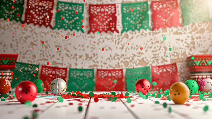 Obraz premium Colorful Mexican festive background with papel picado and decorative elements. September 16