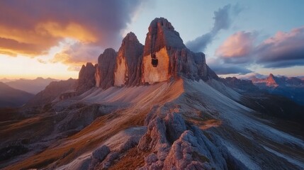 Naklejka premium A mighty rocky massif Tre Cime di Lavaredo. Location place Italian Alps, Sexten Dolomiti, South Tyrol, Europe. Photo wallpaper. Popular tourist attraction. Discover the beauty of earth , ai