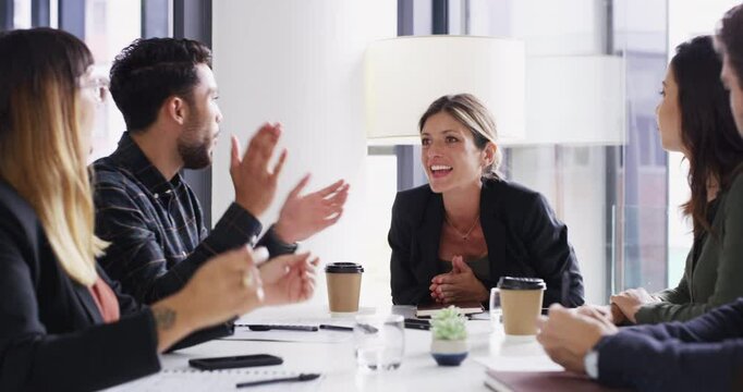 Business people, applause and meeting in office with celebration, promotion or profit at investment agency. Group, leader woman and teamwork with announcement, success and cheers for financial goals