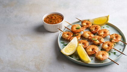 Shrimp skewers with dip Space for text