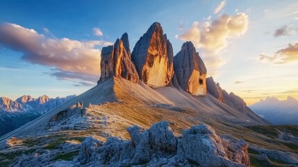 Naklejka premium A mighty rocky massif Tre Cime di Lavaredo. Location place Italian Alps, Sexten Dolomiti, South Tyrol, Europe. Photo wallpaper. Popular tourist attraction. Discover the beauty of earth , ai