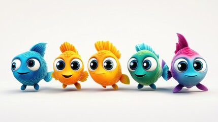 Cute 3D cartoon fish with big, beautiful eyes, in vibrant colors, showcasing various characters on a white background
