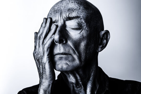 Homme senior ayant un ma de t&ecirc;te et  sa main sur son  visage