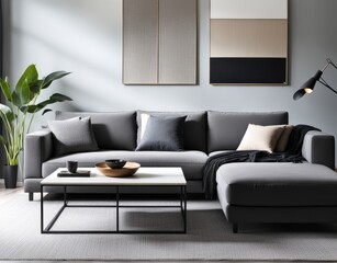 Modern living room interior with stylish comfortable sofa