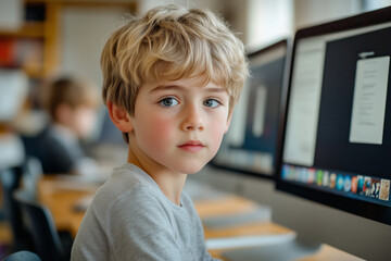 A young student engaged in learning computer science at Elementary School during a classroom session