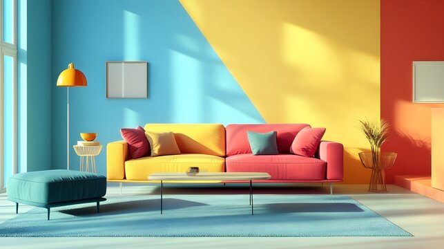 A vibrant set design featuring a modern living room with sleek furniture and a light solid color background