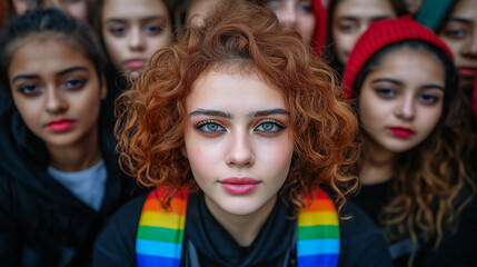 Obraz premium Rainbow of Hope: A powerful portrait of a young woman with fiery red hair and striking blue eyes, surrounded by a diverse group of women, all gazing intently at the camera. The rainbow strap on her ca