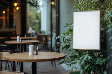 A serene cafe corner featuring a blank board surrounded by lush greenery and cozy tables, perfect for showcasing daily specials on a warm afternoon