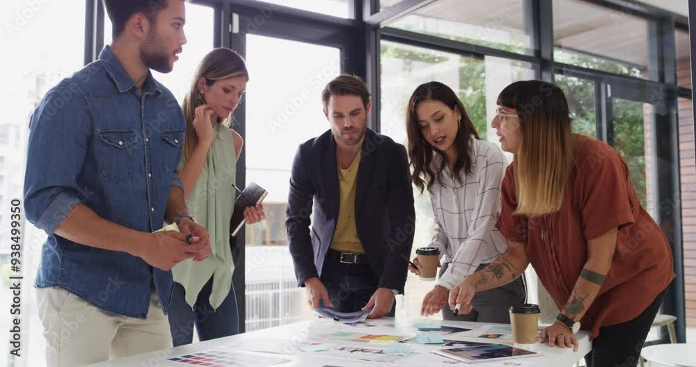 Poster Designer, team and brainstorming for color choice with thinking, talk or tablet for writing notes. Men, women and graphic design for planning, creative or collaboration for solution in startup office