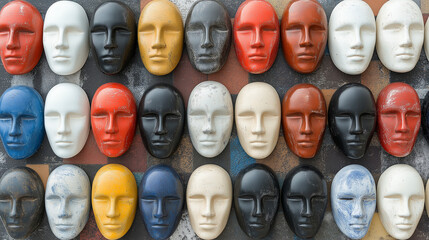 Faces of Identity: A compelling array of colorful masks, each representing a unique individual, arranged in a captivating grid against a textured background. The masks are a powerful symbol of the div