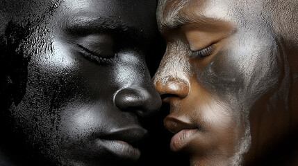 Shades of Unity: A powerful portrait of two Black men, their faces adorned with black and white paint, symbolizing the beauty of diversity and the strength of connection.  