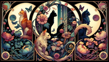 Obraz premium Decorative painting of flowers and a cat, generated by AI. 